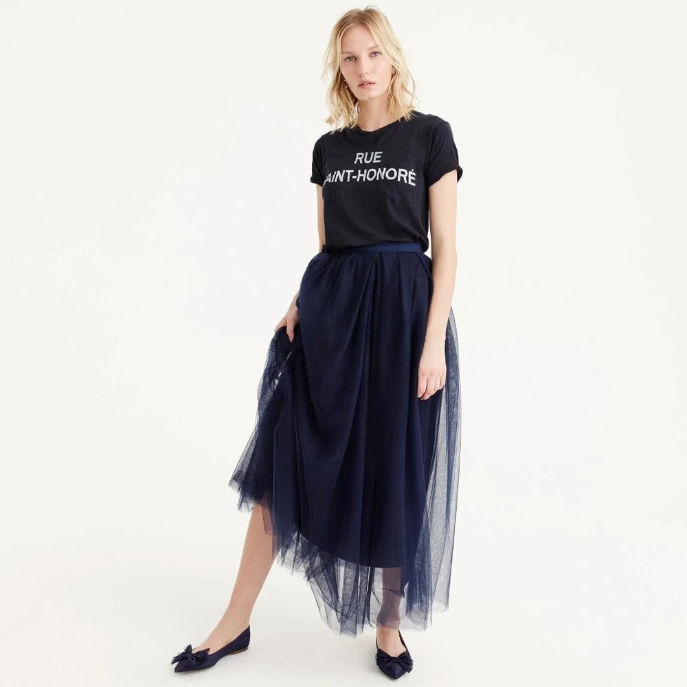 NWT J.Crew Tulle Ball Skirt in Navy Blue Pleated Ribbon Belt A-line 2